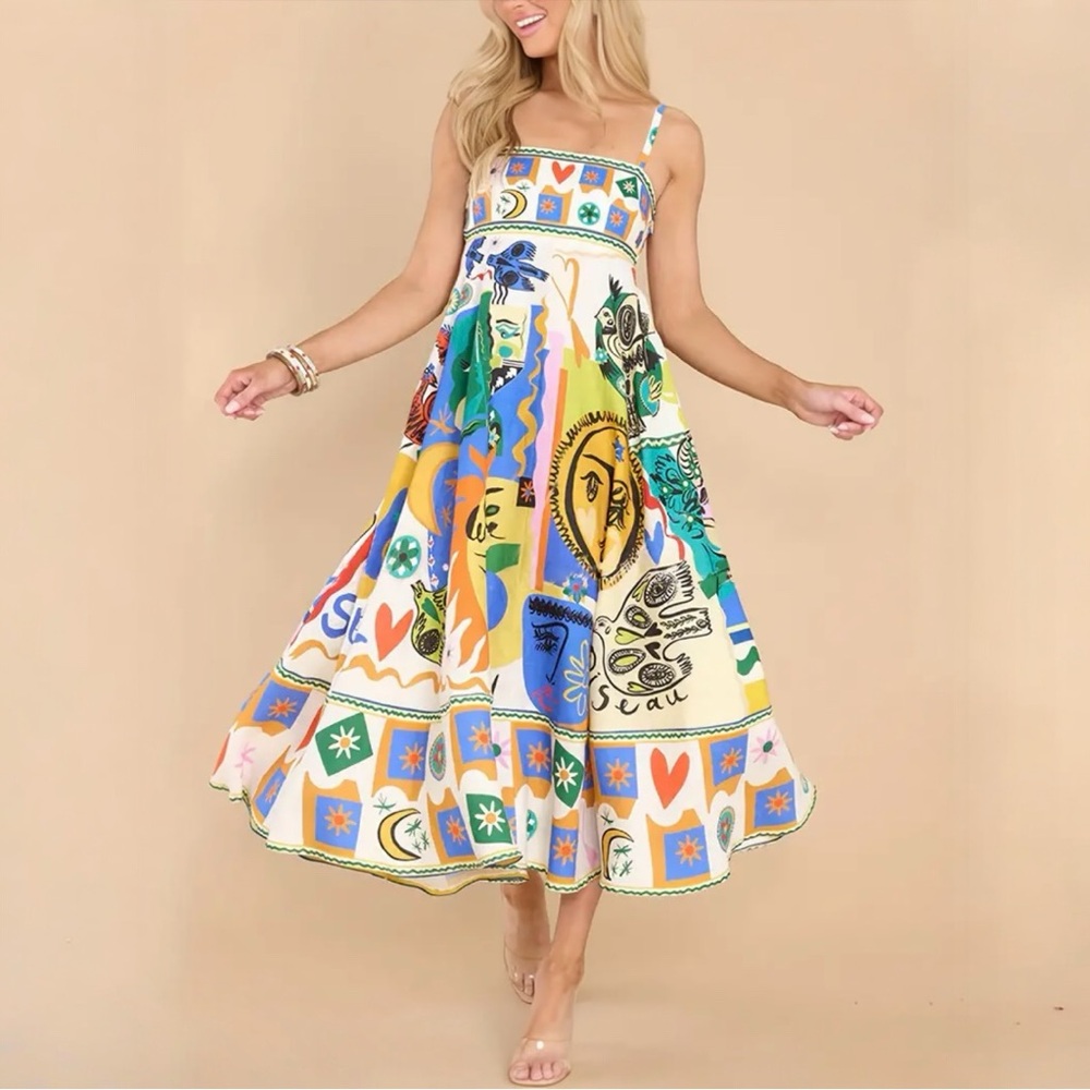 Boho Tropical Summers Full Skirt. Sundress, Mixed Media Luxury Print. Large - Picture 1 of 7
